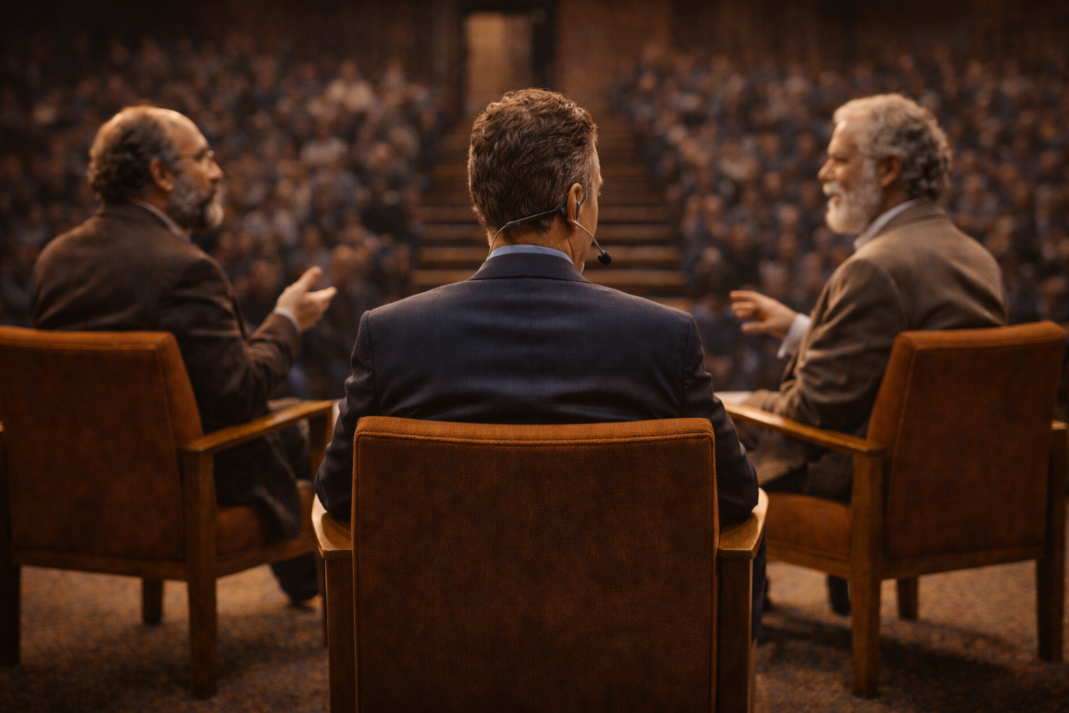 A panel discussion in front of a full auditorium