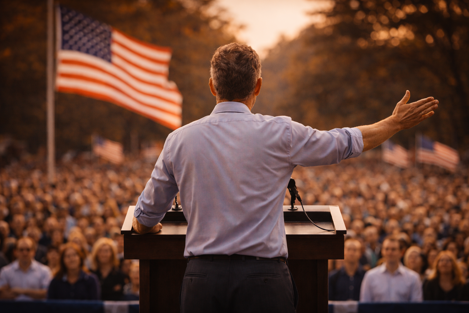 A candidate addressing a crowd under American flags