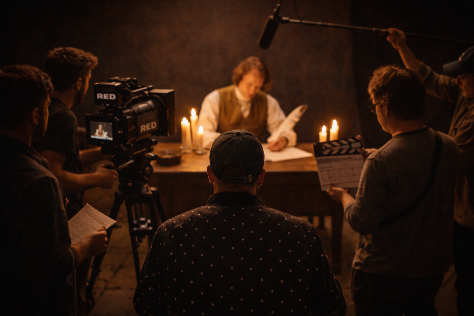Kenny directing a candlelit period scene on set