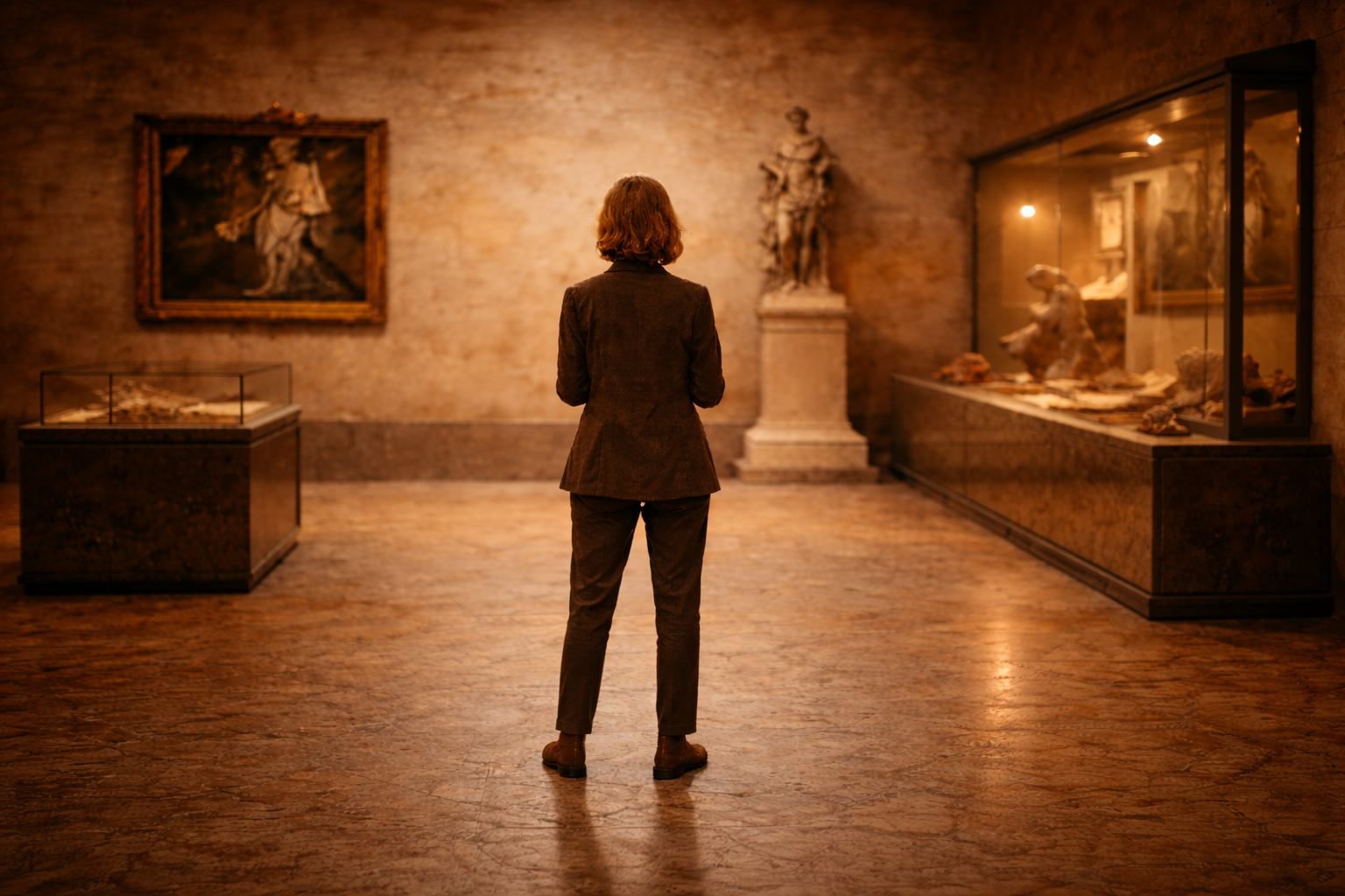 A visitor standing in a museum gallery