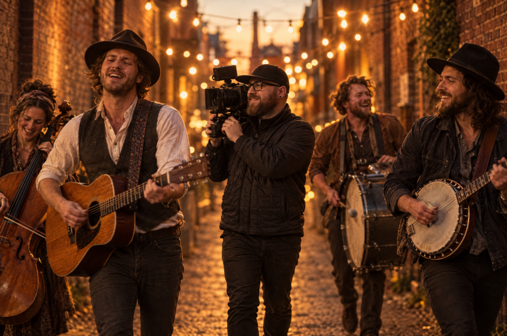 Kenny filming a folk band walking through a string-lit alley