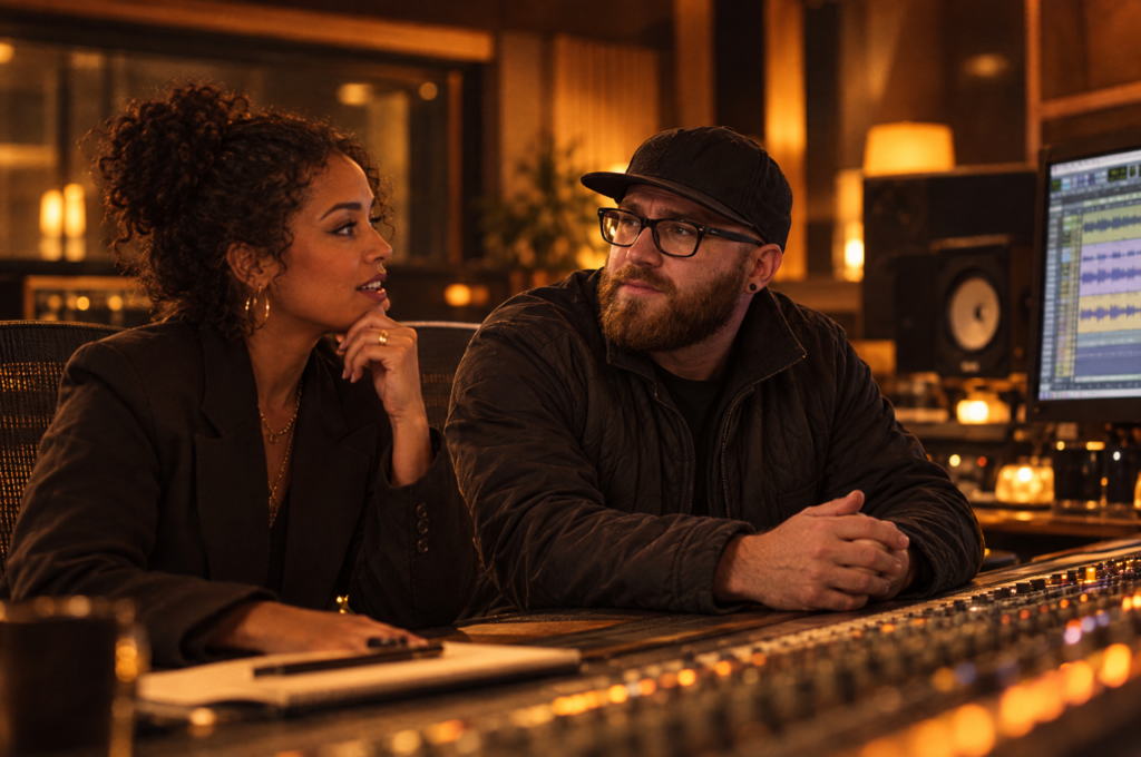 Kenny collaborating with a label executive in the studio